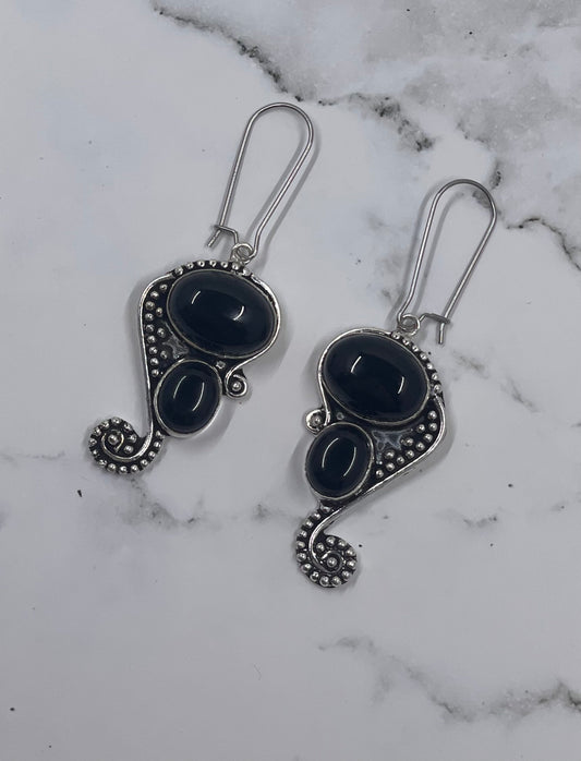 Victorian Style Black Onyx 925 Sterling Silver Earrings