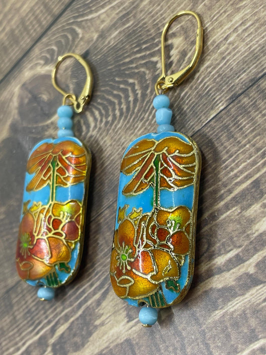 Vintage Style Cloisonné Poppies Pendant Earrings