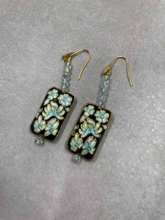 Cloisonné Floral Swarovski Crystal Dangle Earrings