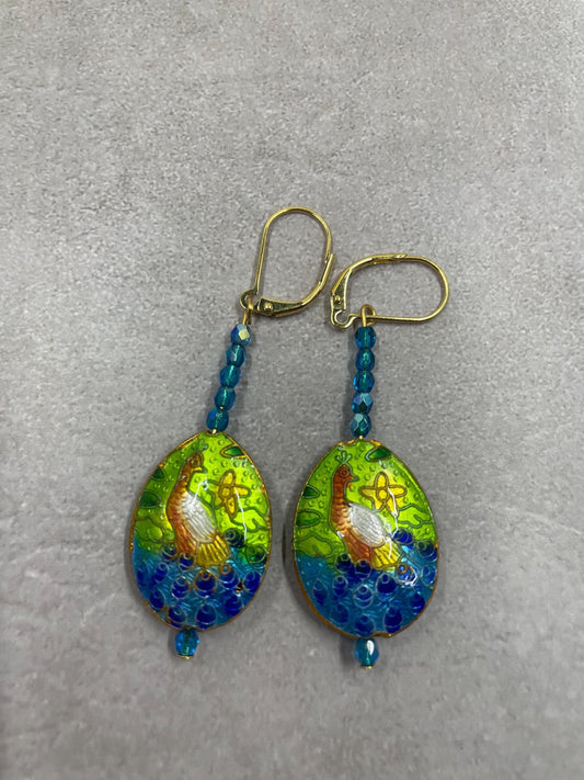 Cloisonné Peacock Earrings with Czech Glass