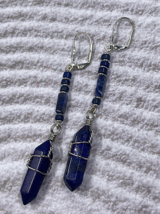 Wire Wrapped Lapis Lazuli Gemstone Earrings