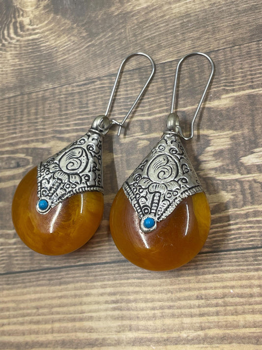 Beeswax Amber with Tibetan Silver Earrings