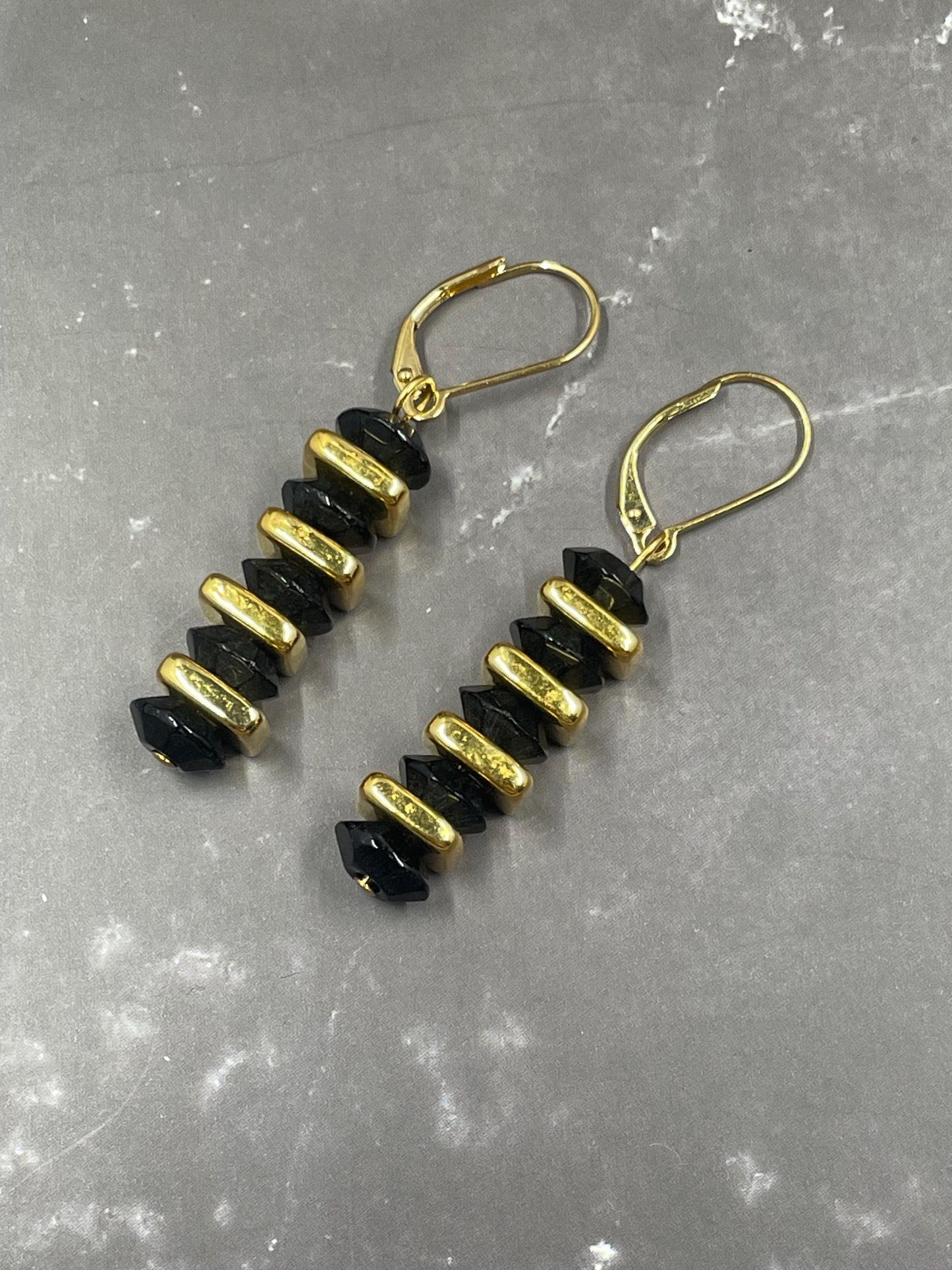 Black Rondelle Earrings with 24k Gold Plate