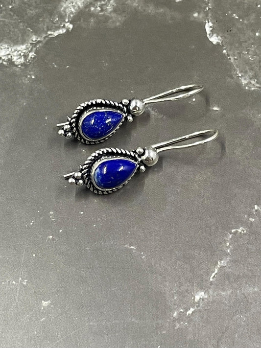 Vintage Lapis Lazuli Dangle Earrings, 925 Sterling Silver Earrings, Gemstone Earrings