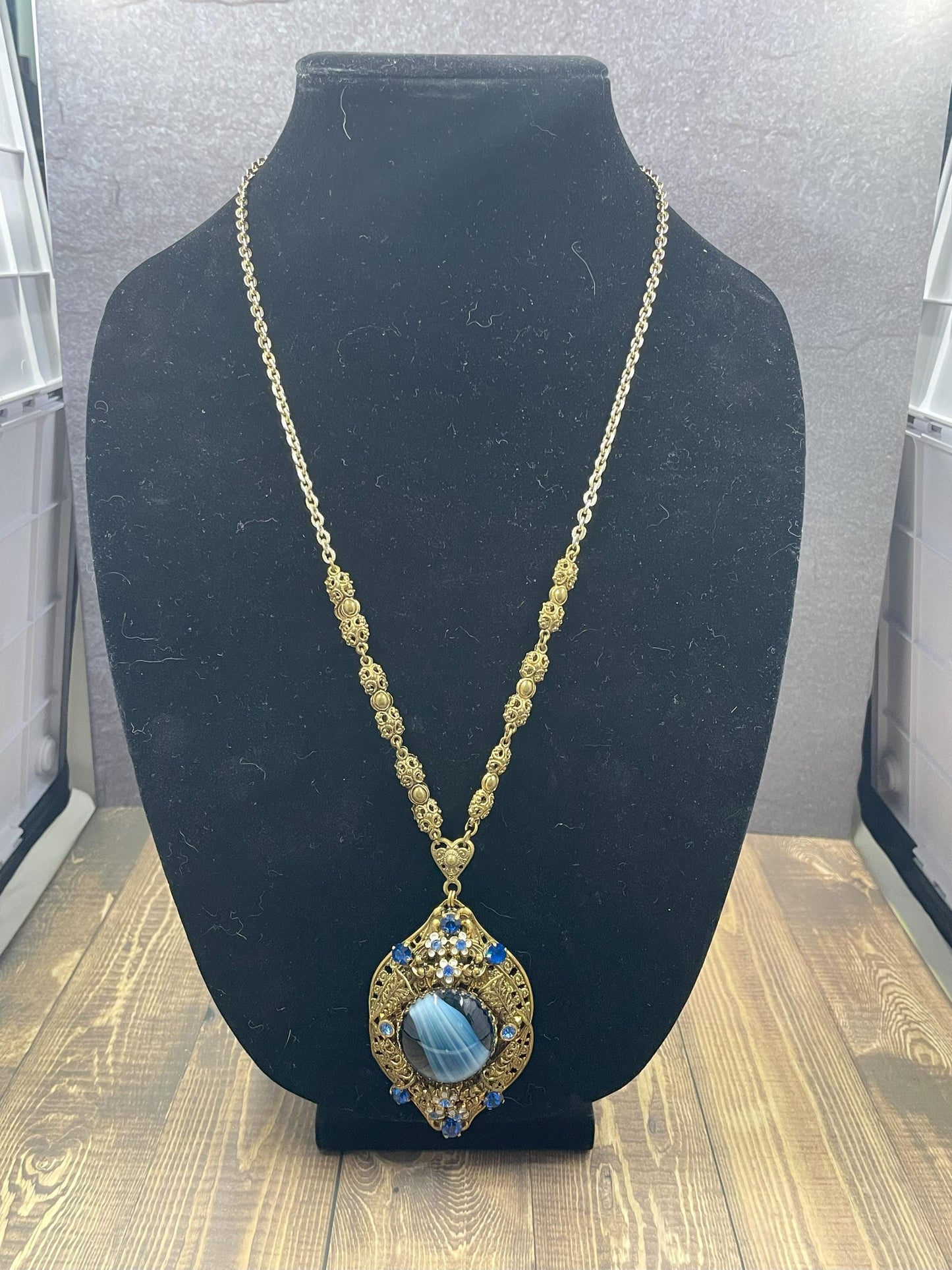 Gold Filigree Necklace, Western Germany Pendant, Blue Givre Glass, Long 25" Chain, Gypsy Necklace, Gift for Her