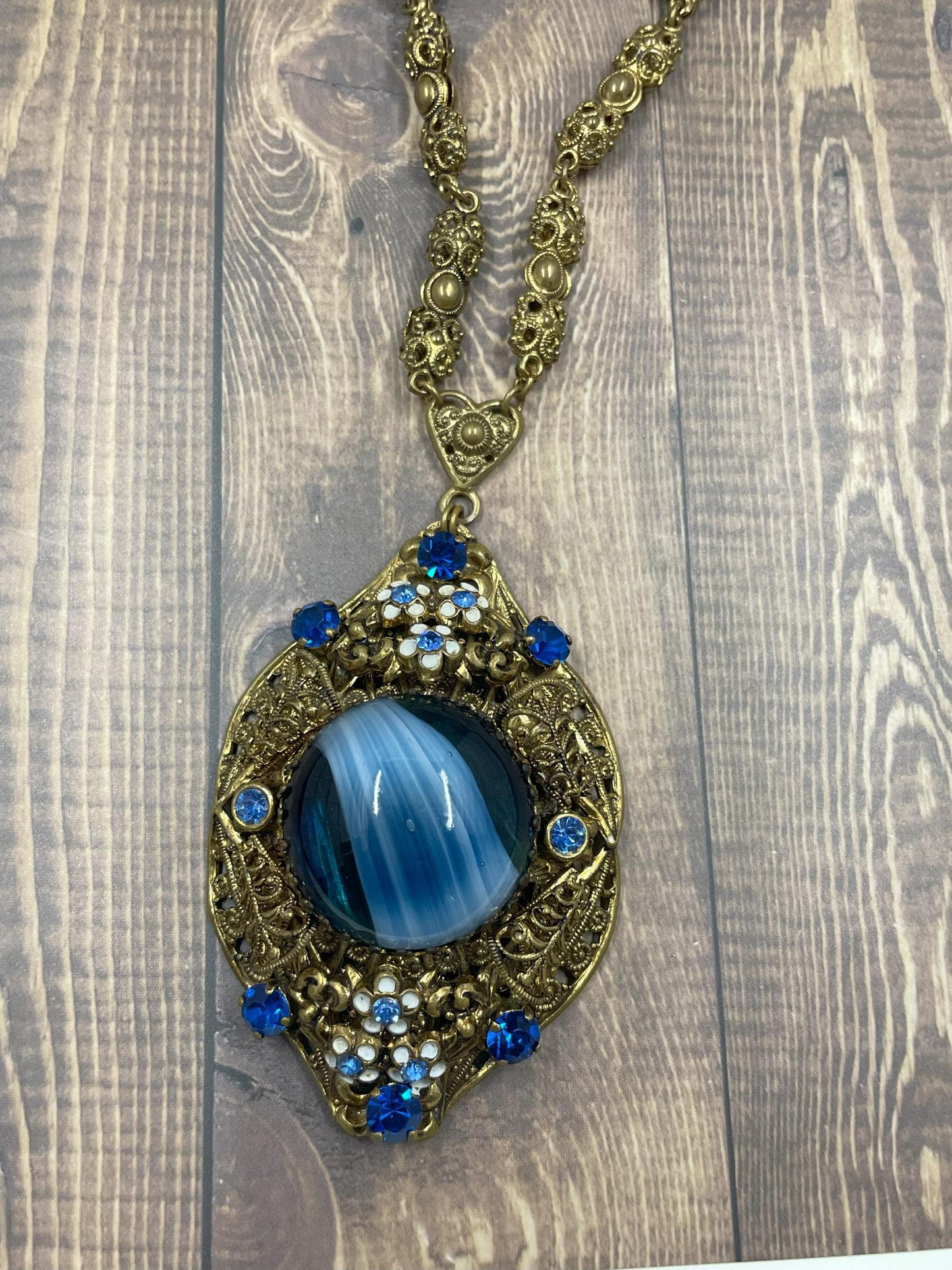 Gold Filigree Necklace, Western Germany Pendant, Blue Givre Glass, Long 25" Chain, Gypsy Necklace, Gift for Her