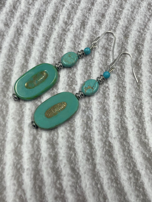 Dyed Turquoise with Czech Picasso Glass Ovals Dangle Earrings