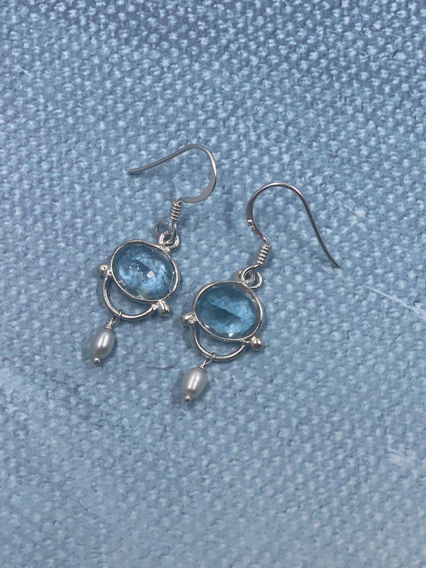 Blue Topaz Dangle Earrings with Pearls, 925 Sterling Silver Earrings, Gemstone Earrings