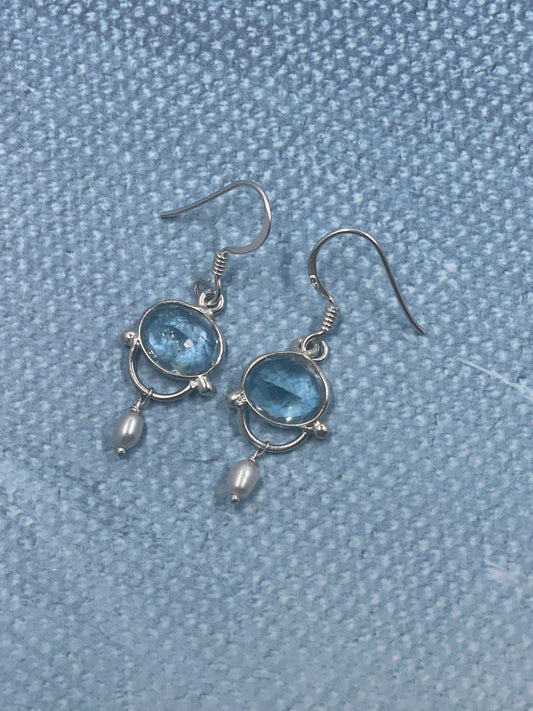 Blue Topaz Dangle Earrings with Pearls, 925 Sterling Silver Earrings, Gemstone Earrings