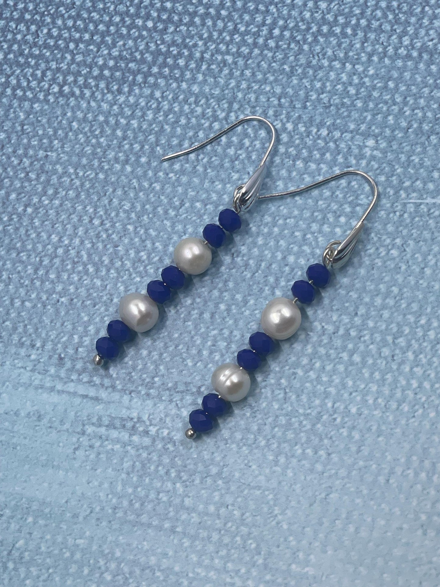 Pearl Earrings with Blue Crystals, Dangle Earrings